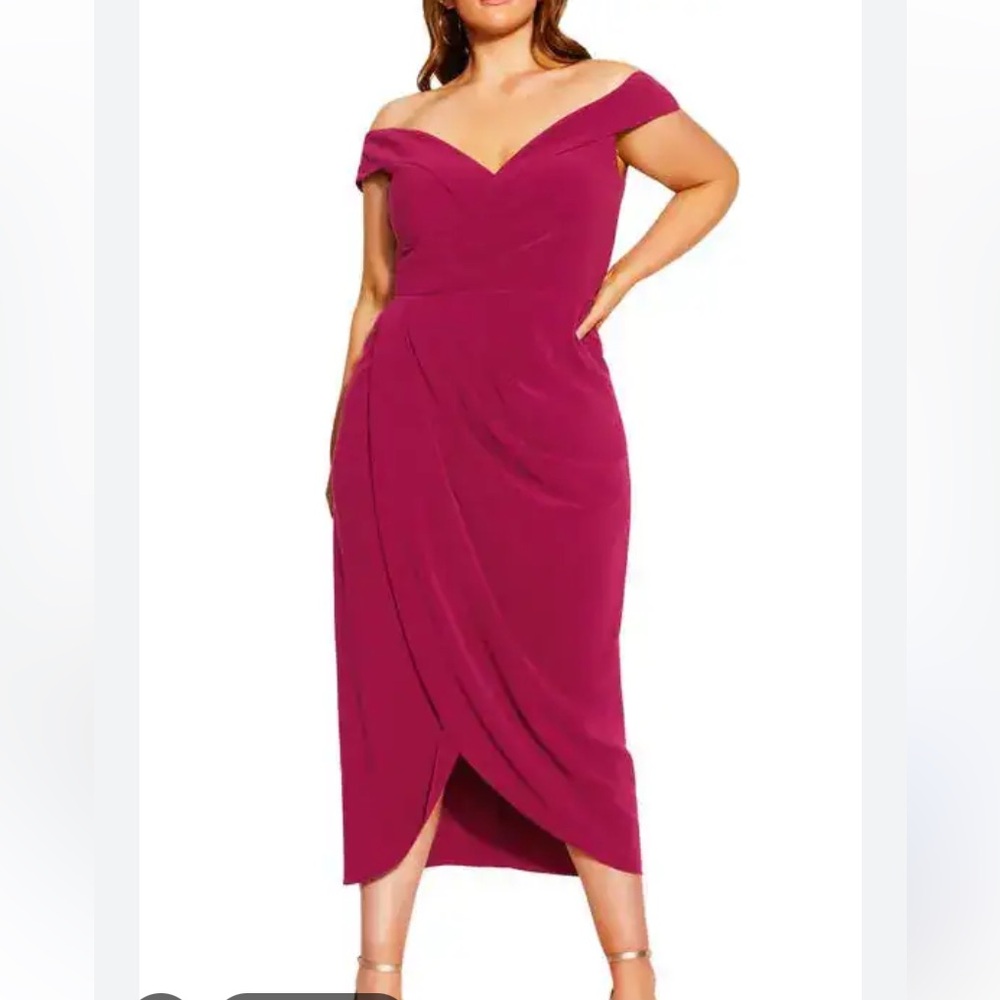 City Chic magenta rippled love Off-Shoulder Midi Dress Sz 16 New